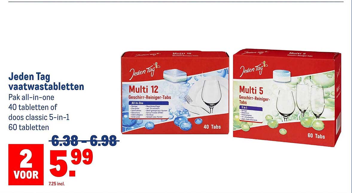 Jeden Tag vaatwastabletten Pak all-in-one 40 tabletten of doos classic 5-in-1 60 tabletten 2 voor