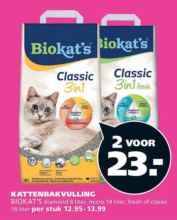 KATTENBAKVULLING BIOKAT’S diamond 8 liter, micro 14 liter, fresh of classic 18 liter per stuk 12.95 - 13.99 2 voor 23,-