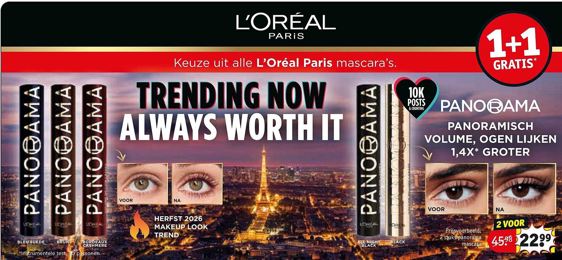 Keuze uit alle L’Oréal Paris mascara’s. 1+1 GRATIS*