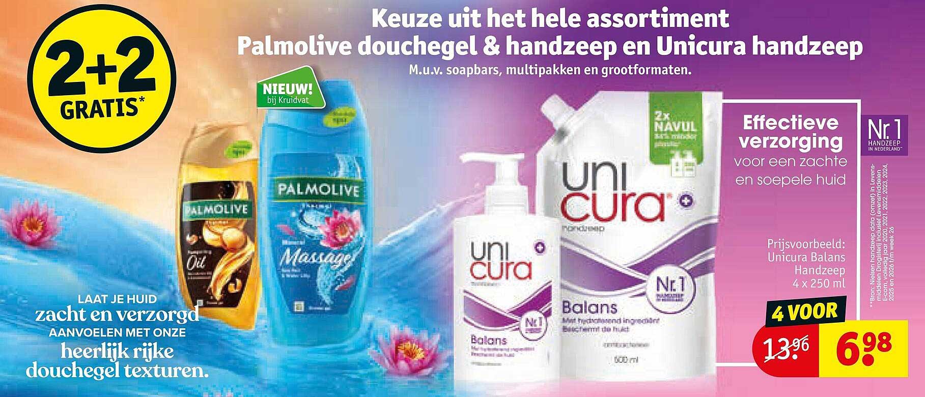 Keuze uit het hele assortiment Palmolive douchegel & handzeep en Unicura handzeep 2+2 gratis