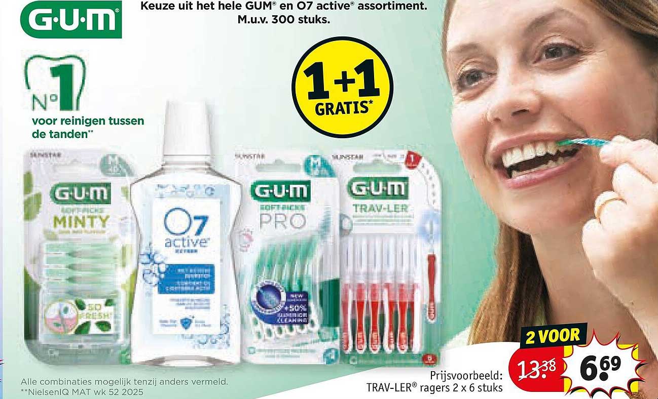 Keuze uit het hele GUM® en O7 active® assortiment. M.u.v. 300 stuks. 1+1 GRATIS*