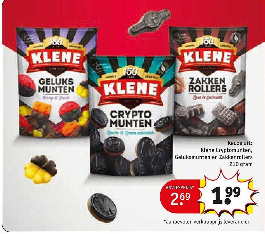 Keuze uit: Klene Cryptomunten, Geluksmunten en Zakkenrollers 210 gram
