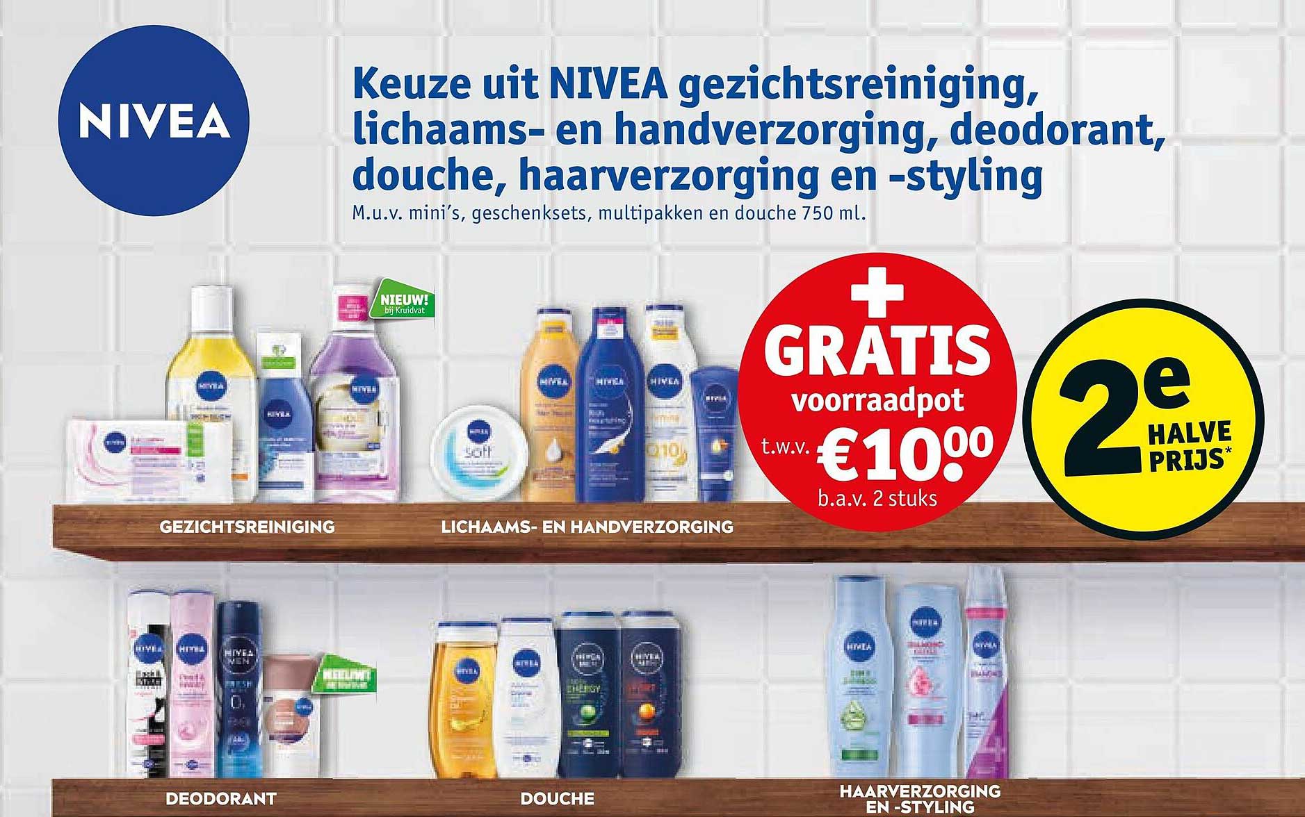 Keuze uit NIVEA gezichtsreiniging, lichaams- en handverzorging, deodorant, douche, haarverzorging en -styling 2e halve prijs