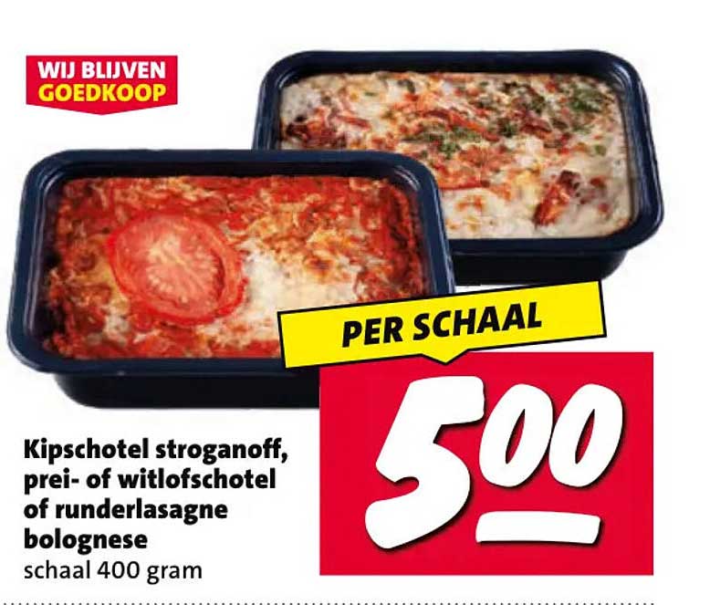 Kipschotel stroganoff, prei- of witlofschotel of runderlasagne bolognese per schaal