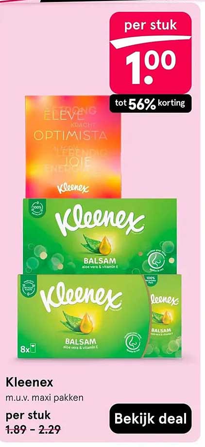 Kleenex m.u.v. maxi pakken per stuk tot 56% korting