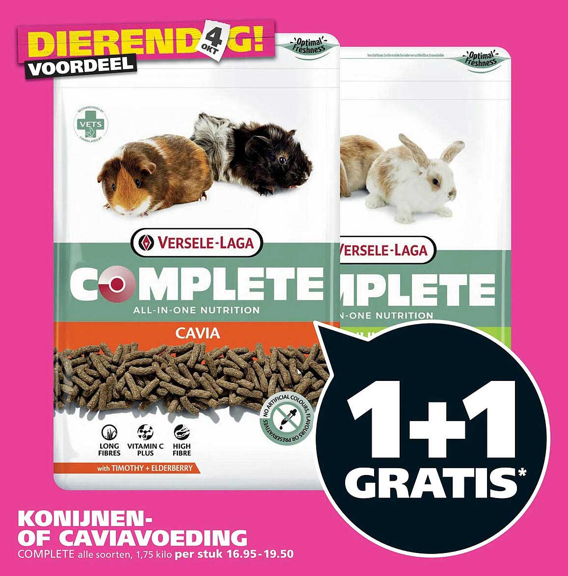 KONIJNEN- OF CAVIAVOEDING COMPLETE alle soorten, 1,75 kilo per stuk 16.95-19.50 1+1 GRATIS
