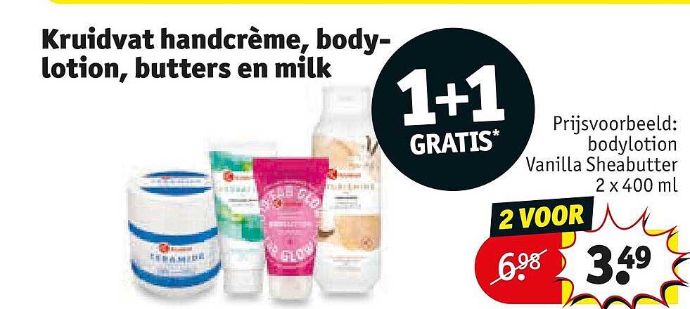 Kruidvat handcrème, body-lotion, butters en milk 1+1 GRATIS*