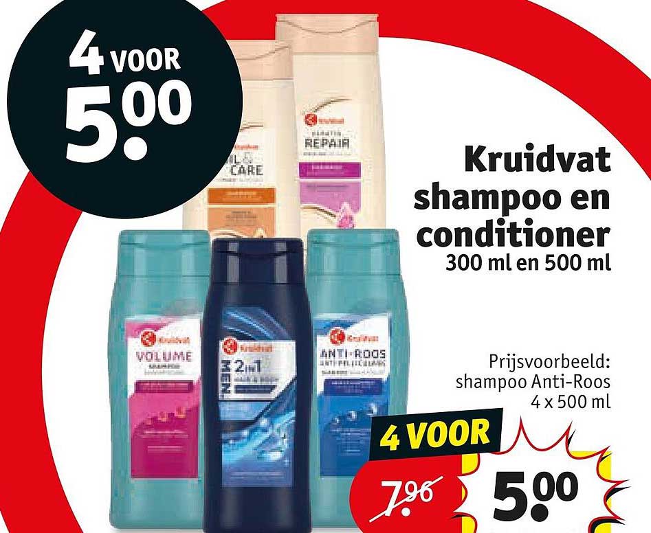 Kruidvat shampoo en conditioner 300 ml en 500 ml 4 voor 5.00