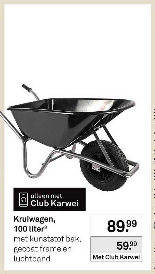 Kruiwagen, 100 liter met kunststof bak, gecoat frame en luchtband