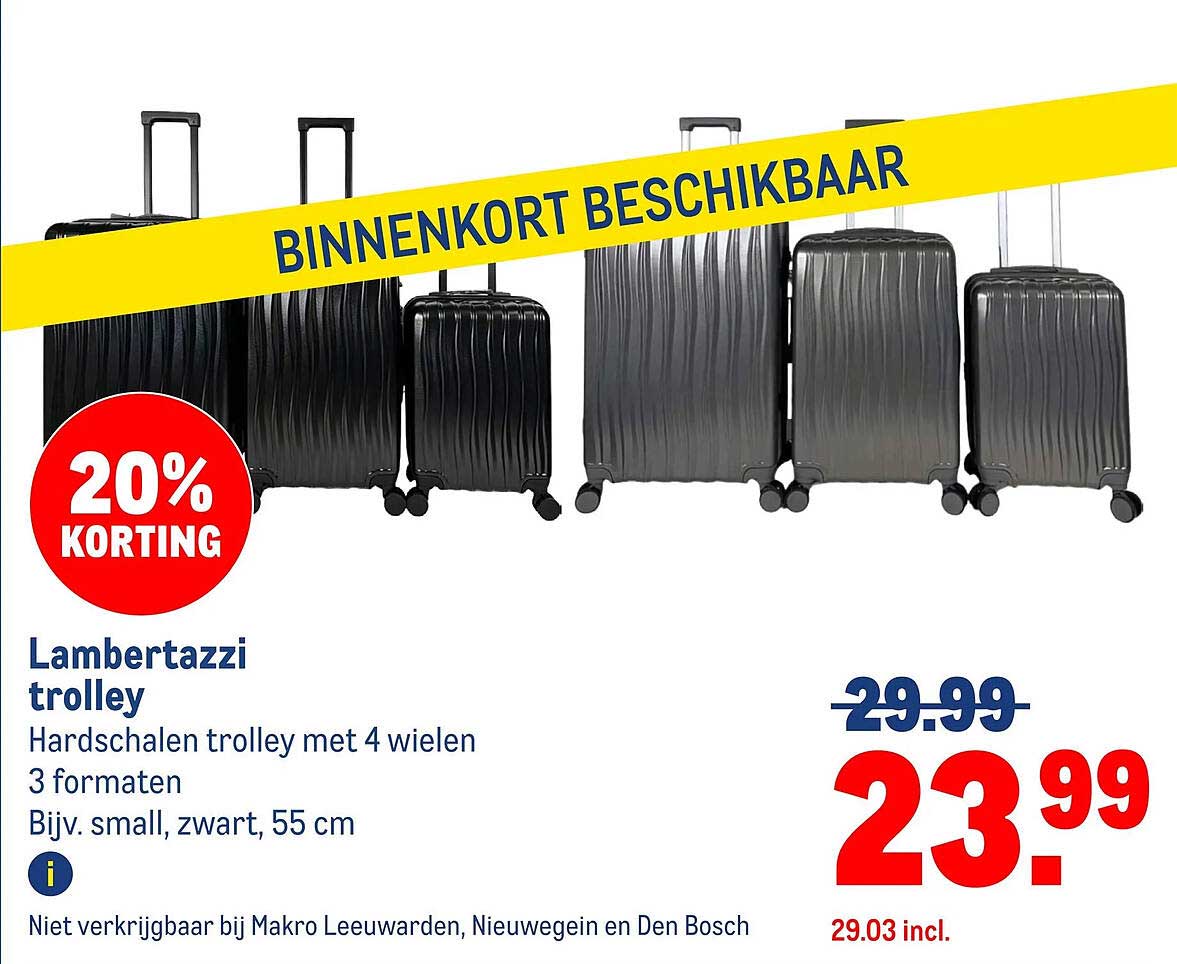 Lambertazzi trolley Hardschalen trolley met 4 wielen 3 formaten Bijv. small, zwart, 55 cm 20% korting