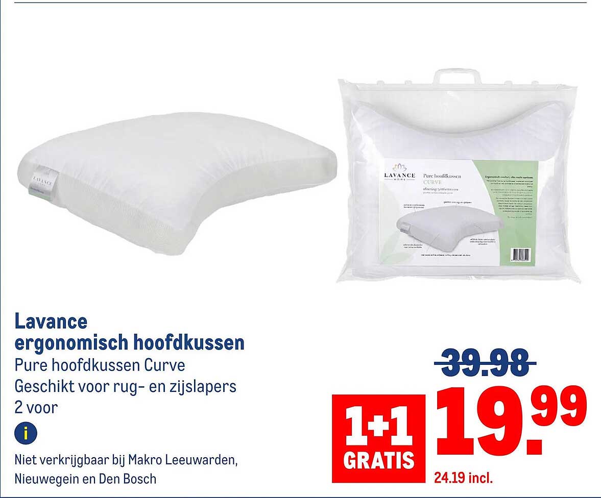 Lavance ergonomisch hoofdkussen Pure hoofdkussen Curve Geschikt voor rug- en zijslapers 2 voor 1+1 GRATIS