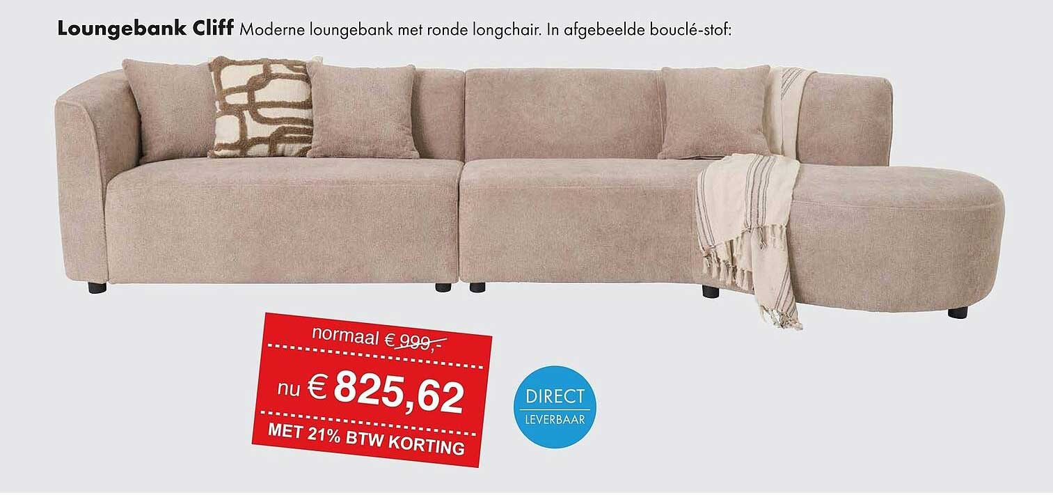 Loungebank Cliff Moderne loungebank met ronde longchair. In afgebeelde bouclé-stof