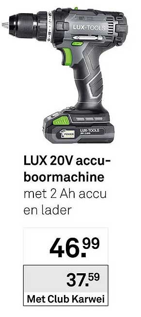 LUX 20V accu-boormachine met 2 Ah accu en lader