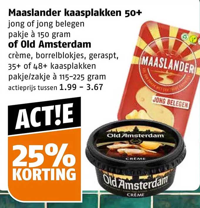 Maaslander kaasplakken 50+ jong of jong belegen pakje à 150 gram of Old Amsterdam crème, borrelblokjes, geraspt, 35+ of 48+ kaasplakken pakje/zakje à 115–225 gram 25% korting