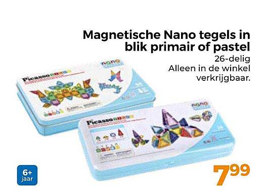 Magnetische Nano tegels in blik primair of pastel 26-delig Alleen in de winkel verkrijgbaar.