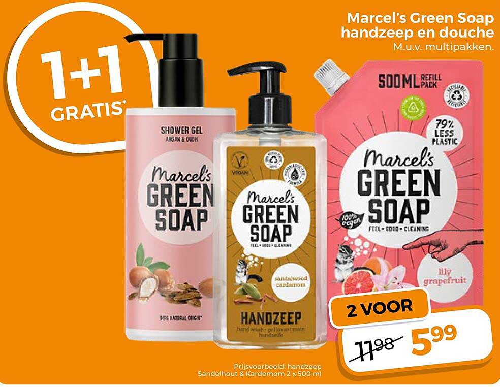 Marcel's Green Soap handzeep en douche M.u.v. multipakken. 1+1 gratis