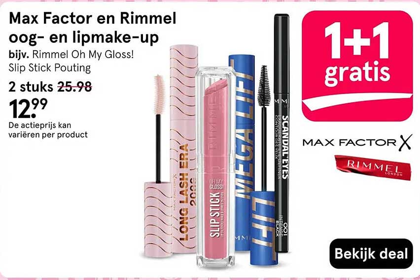 Max Factor en Rimmel oog- en lipmake-up 1+1 gratis