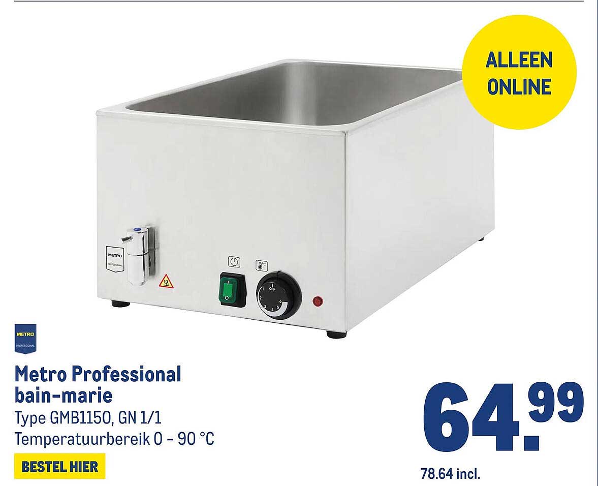 Metro Professional bain-marie Type GMB1150, GN 1/1 Temperatuurbereik 0 - 90 °C