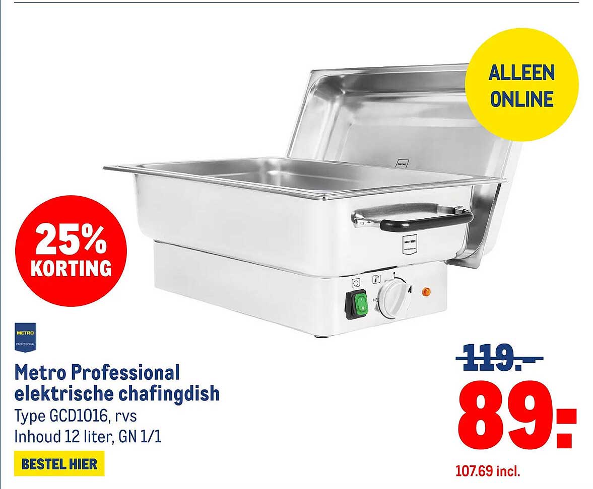 Metro Professional elektrische chafingdish Type GCD1016, rvs Inhoud 12 liter, GN 1/1 25% KORTING