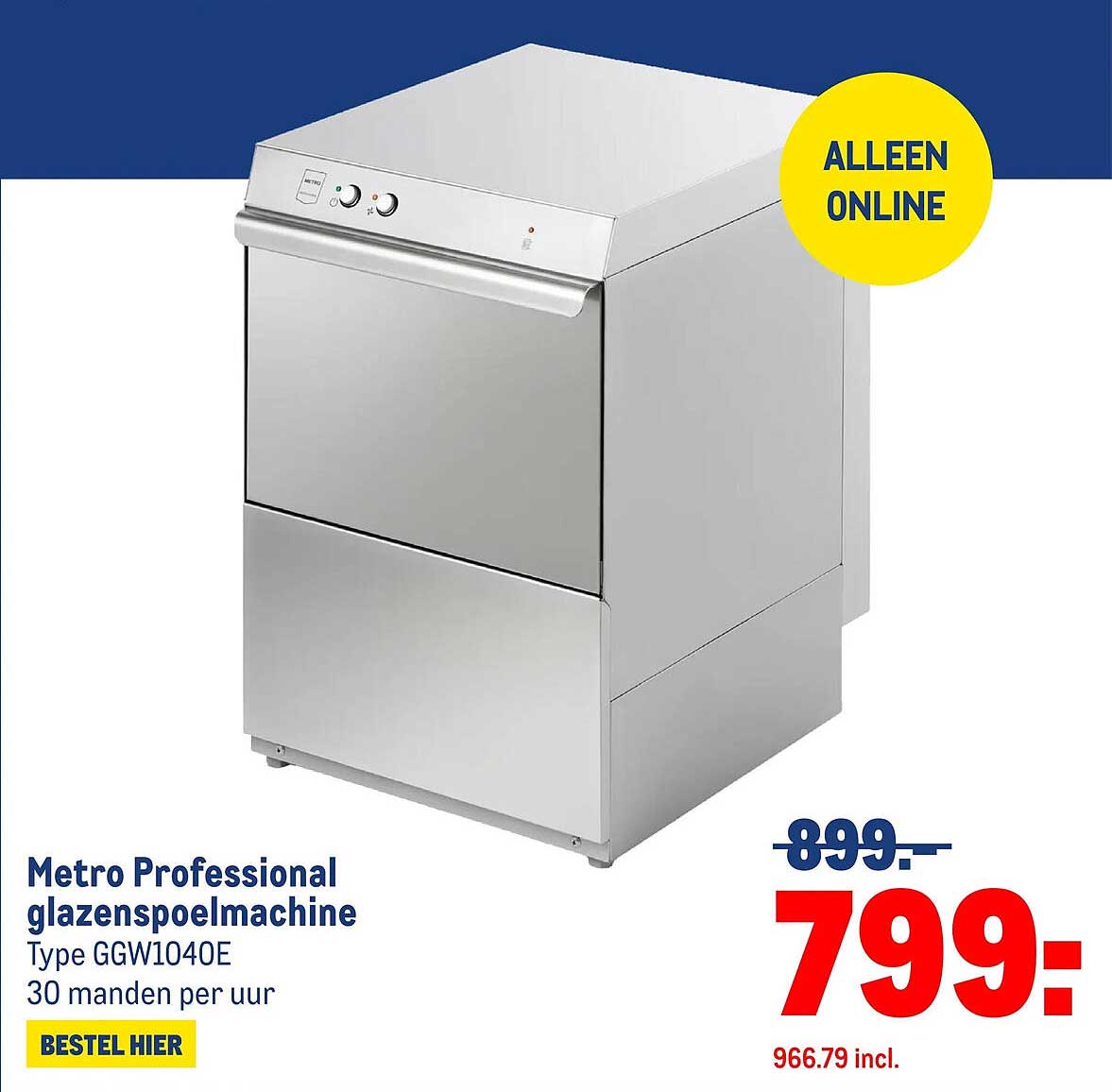 Metro Professional glazenspoelmachine Type GGW1040E 30 manden per uur BESTEL HIER
