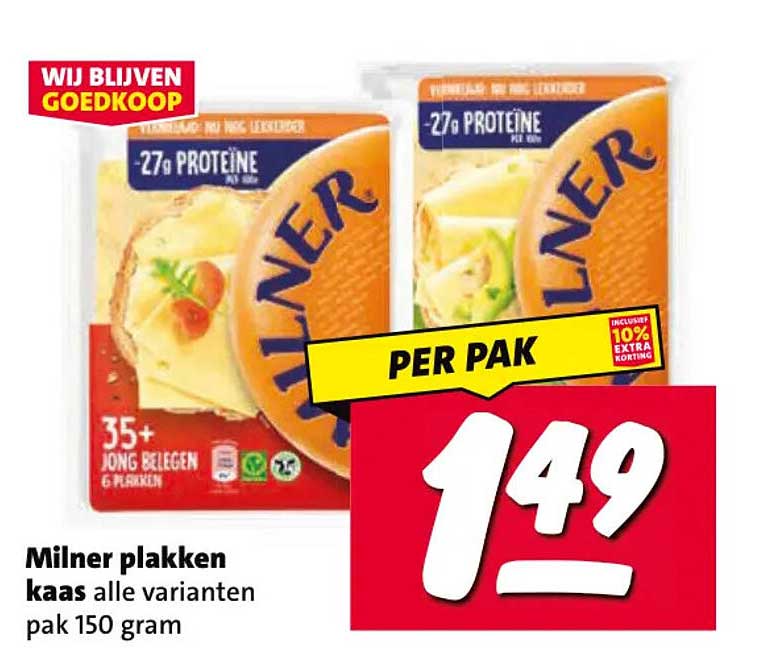 Milner plakken kaas alle varianten pak 150 gram PER PAK