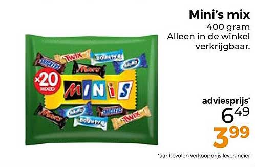 Mini’s mix 400 gram Alleen in de winkel verkrijgbaar.
