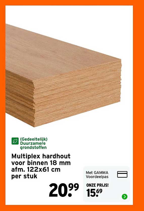 Multiplex hardhout voor binnen 18 mm afm. 122x61 cm per stuk