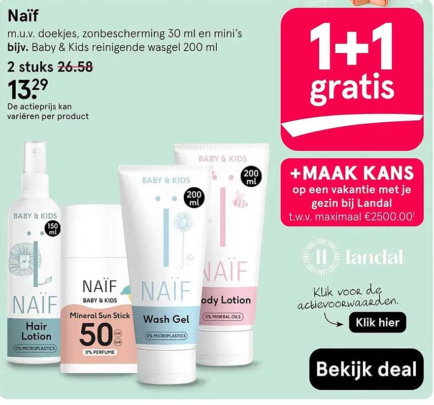 Naïf m.u.v. doekjes, zonbescherming 30 ml en mini’s bijv. Baby & Kids reinigende wasgel 200 ml 1+1 gratis
