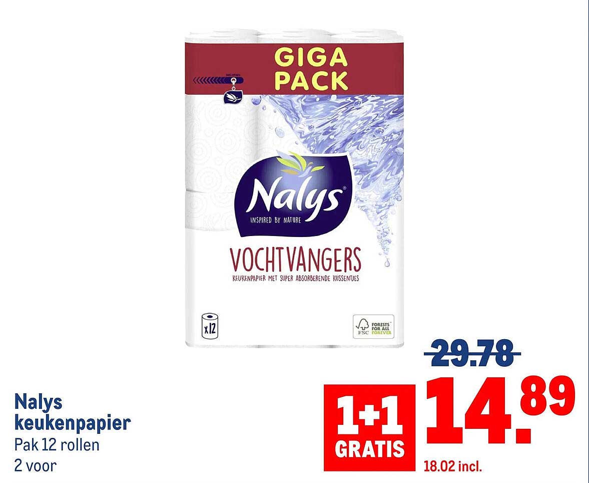Nalys keukenpapier Pak 12 rollen 2 voor 1+1 GRATIS