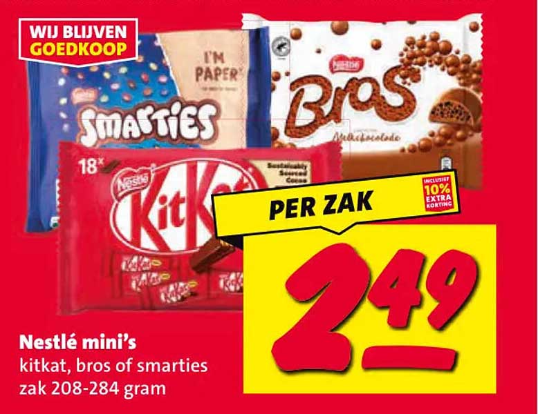 Nestlé mini’s kitkat, bros of smarties zak 208-284 gram
