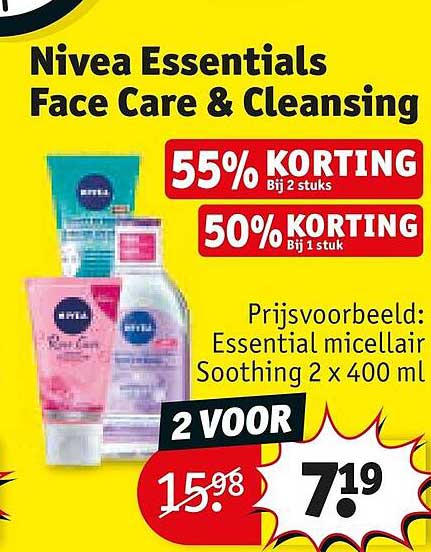Nivea Essentials Face Care & Cleansing 55% KORTING Bij 2 stuks 50% KORTING Bij 1 stuk