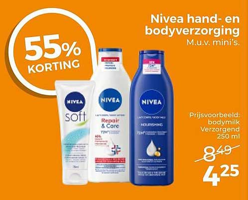 Nivea hand- en bodyverzorging M.u.v. mini's. 55% korting
