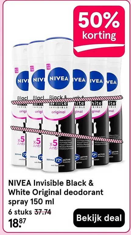 NIVEA Invisible Black & White Original deodorant spray 150 ml 6 stuks 50% korting
