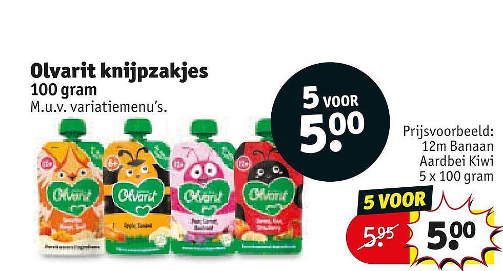 Olvarit knijpzakjes 100 gram M.u.v. variatiemenu’s 5 voor 5.00