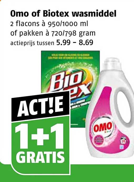 Omo of Biotex wasmiddel 1+1 gratis