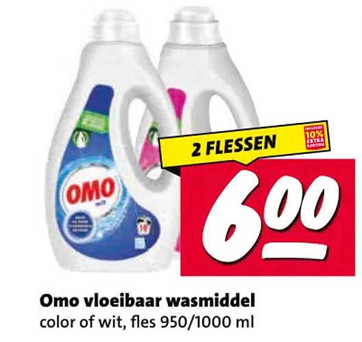Omo vloeibaar wasmiddel color of wit, fles 950/1000 ml 2 flessen