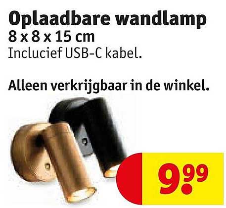 Oplaadbare wandlamp 8 x 8 x 15 cm Inclusief USB-C kabel. Alleen verkrijgbaar in de winkel.