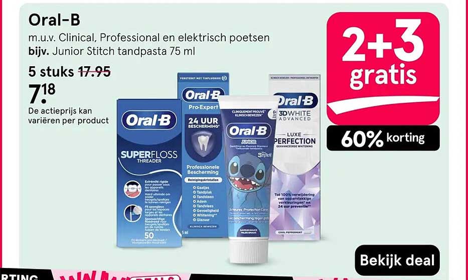 Oral-B m.u.v. Clinical, Professional en elektrisch poetsen bijv. Junior Stitch tandpasta 75 ml 2+3 gratis