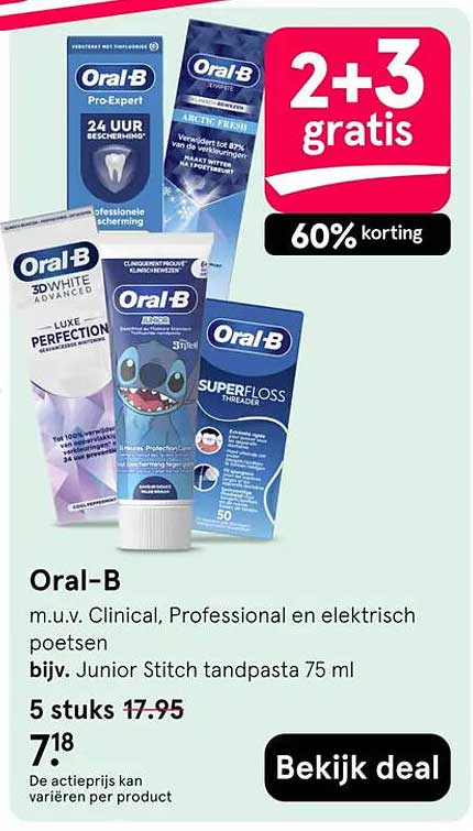 Oral-B m.u.v. Clinical, Professional en elektrisch poetsen bijv. Junior Stitch tandpasta 75 ml 2+3 gratis
