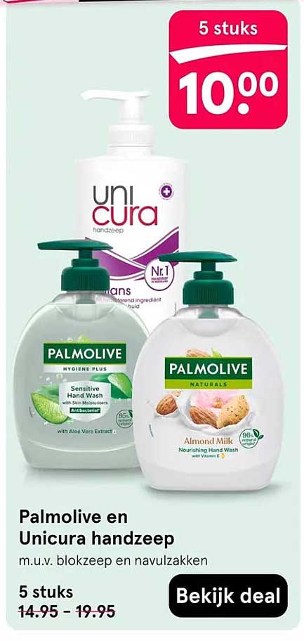 Palmolive en Unicura handzeep m.u.v. blokzeep en navulzakken 5 stuks