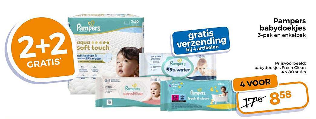 Pampers babydoekjes 3-pak en enkelpak 2+2 gratis