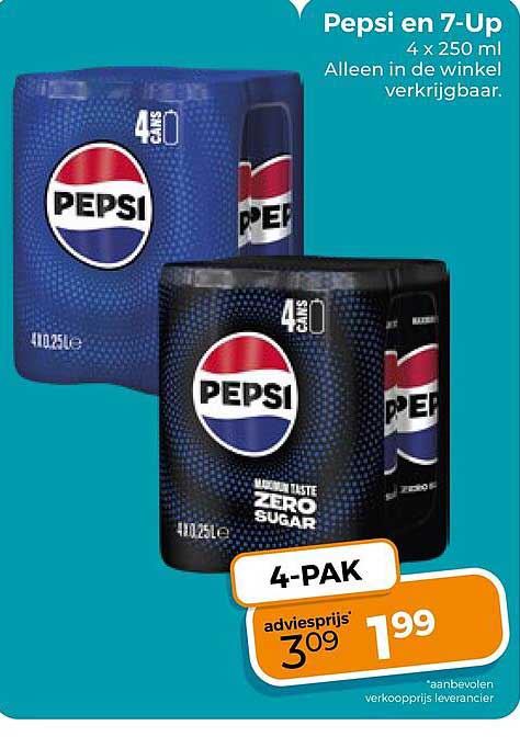 Pepsi en 7-Up 4 x 250 ml Alleen in de winkel verkrijgbaar.