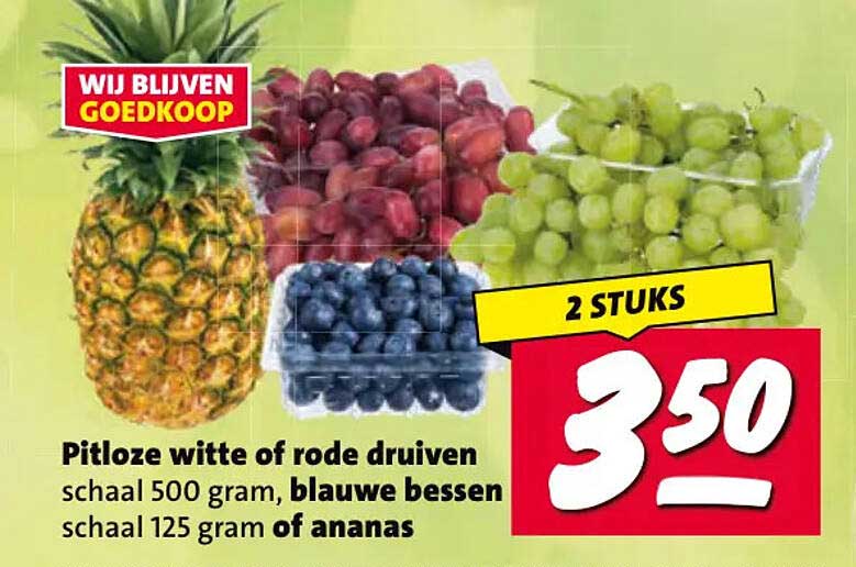 Pitloze witte of rode druiven schaal 500 gram, blauwe bessen schaal 125 gram of ananas 2 stuks