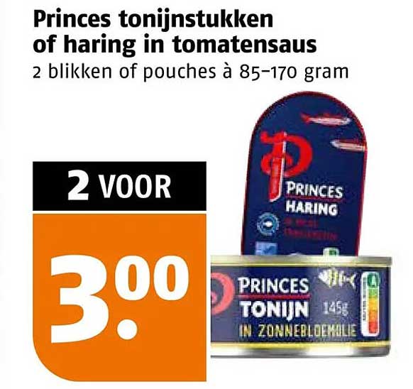 Princes tonijnstukken of haring in tomatensaus 2 blikken of pouches à 85-170 gram 2 voor