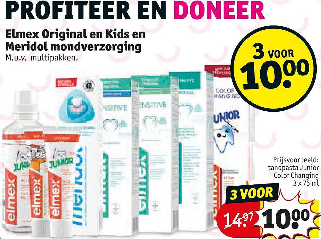 PROFITEER EN DONEER Elmex Original en Kids en Meridol mondverzorging M.u.v. multipakken. 3 voor 10.00