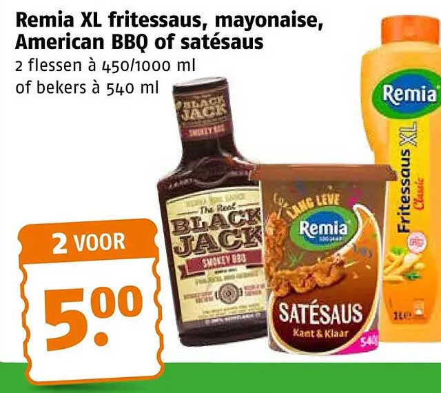 Remia XL fritessaus, mayonaise, American BBQ of satésaus