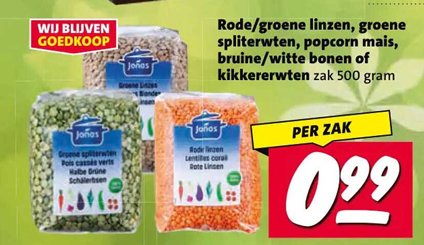 Rode/groene linzen, groene spliterwten, popcorn mais, bruine/witte bonen of kikkererwten zak 500 gram PER ZAK