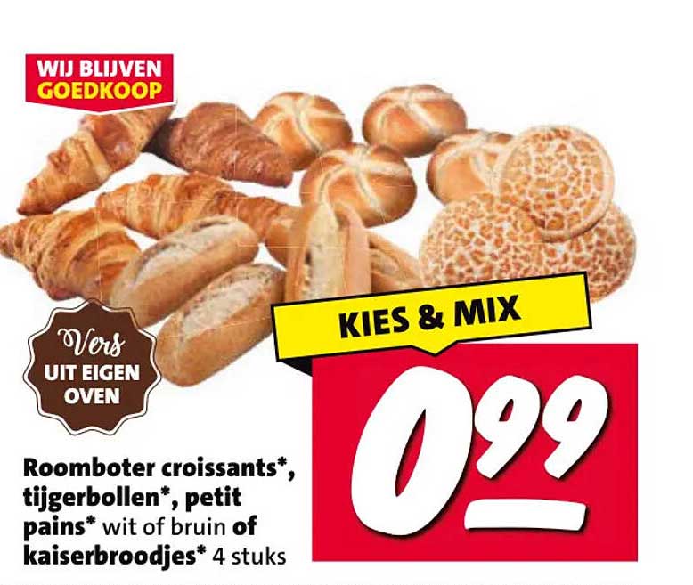 Roomboter croissants*, tijgerbollen*, petit pains* wit of bruin of kaiserbroodjes* 4 stuks KIES & MIX