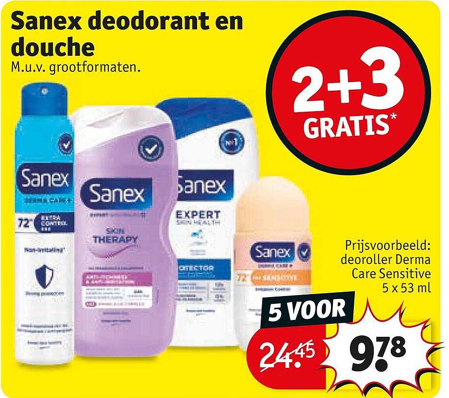 Sanex deodorant en douche 2+3 GRATIS