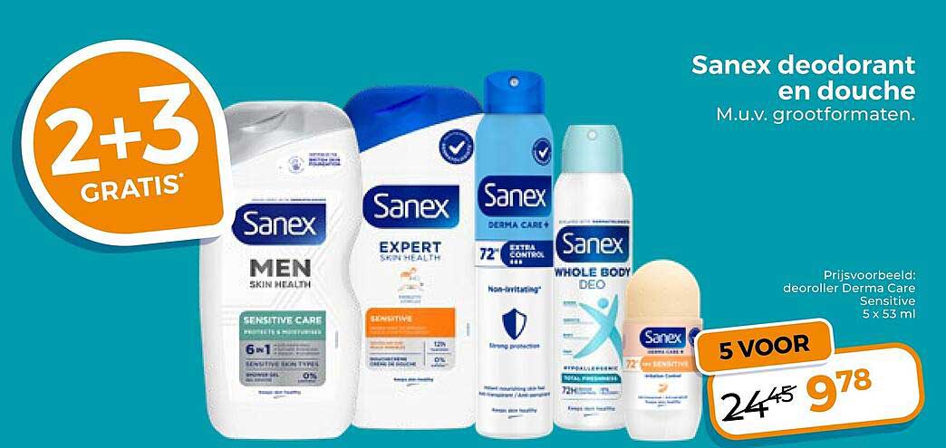 Sanex deodorant en douche 2+3 GRATIS